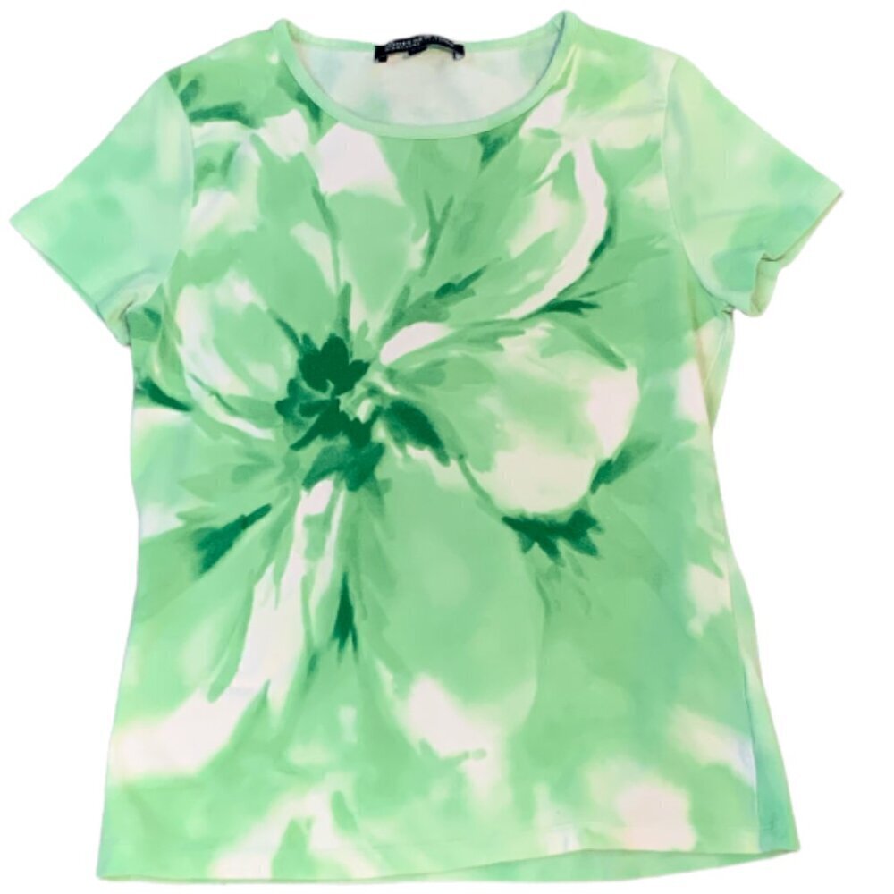 Jones New York Signature Tie Dye Flower Print Green White Graphic Tee‎ Sz PS 38F
